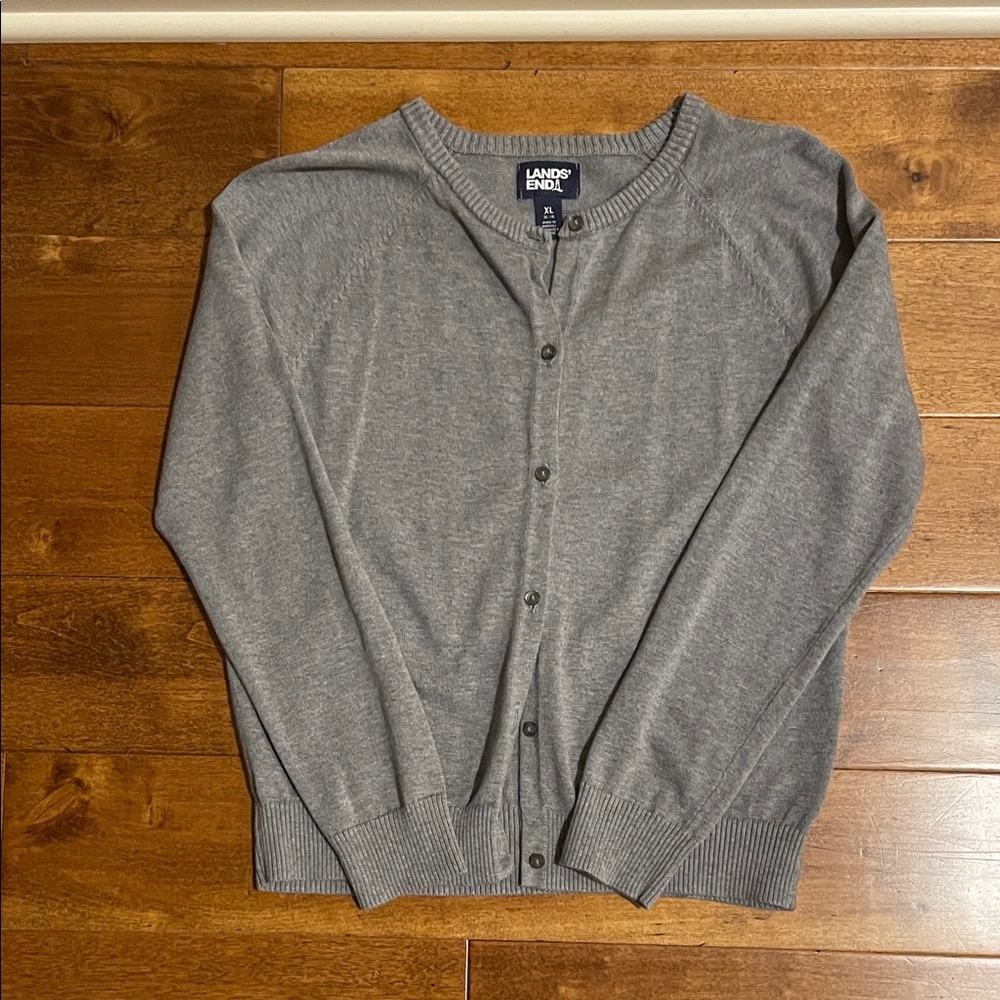 Lands' End Girl’s Heather Gray Button-Front Cardigan